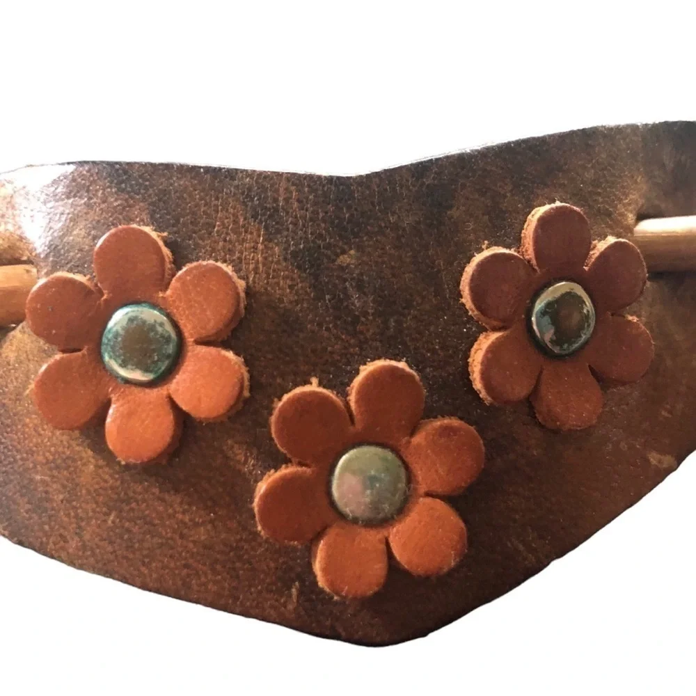 Lot of 2 Hair Barrettes W/Sticks Spun Wood Leather Wood Stick Flowers Hair Acces